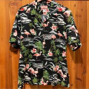 2XL Mens RJCs Black Cotton Hawaiian Aloha Camp Shirt With Flamingos XXL